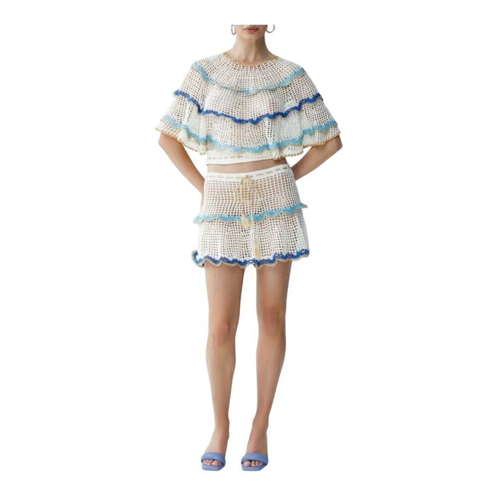 My Beachy Side Rima Scalloped Crop Top Medium Crochet Malibu Blue $235 Boho - Picture 2 of 8
